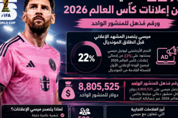 كأس العالم 2026.. ميسي يسيطر على 22% من الإعلانات الرقمية بأرقام قياسية